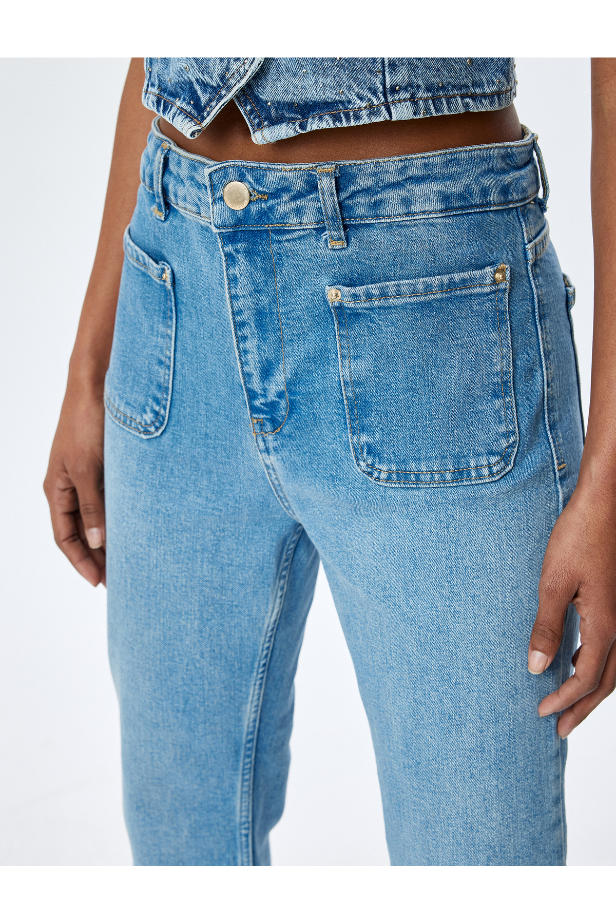 İspanyol Paça Düğmeli Normal Bel Denim Pantolon - Kick Flare Jeans