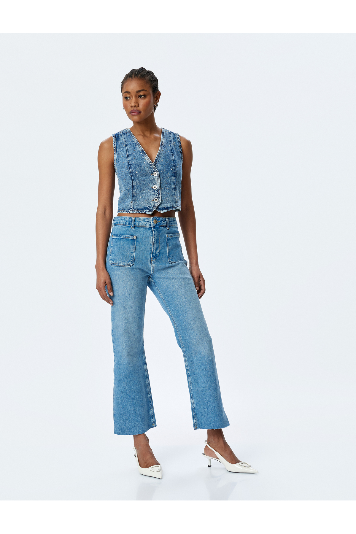 İspanyol Paça Düğmeli Normal Bel Denim Pantolon - Kick Flare Jeans