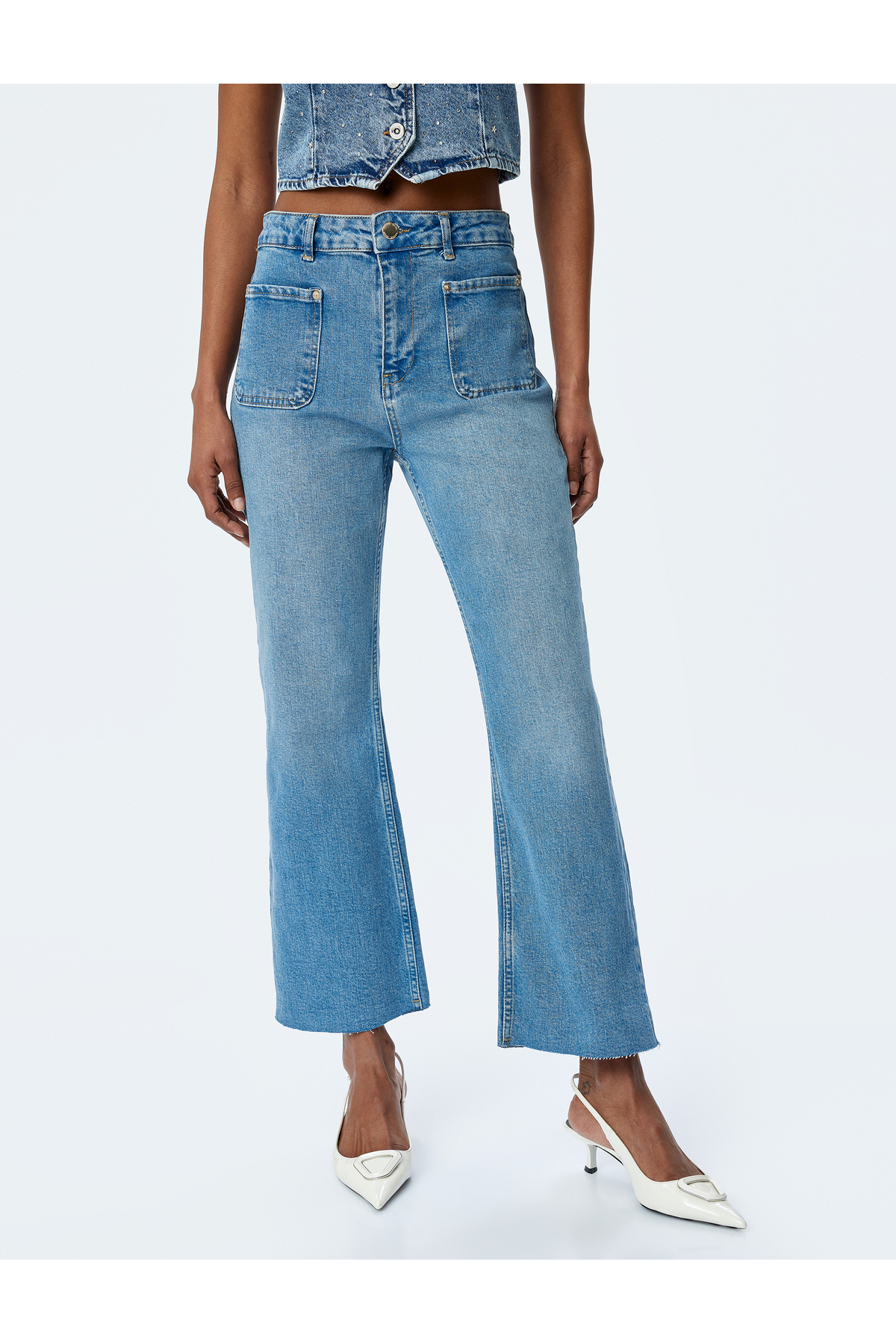 İspanyol Paça Düğmeli Normal Bel Denim Pantolon - Kick Flare Jeans