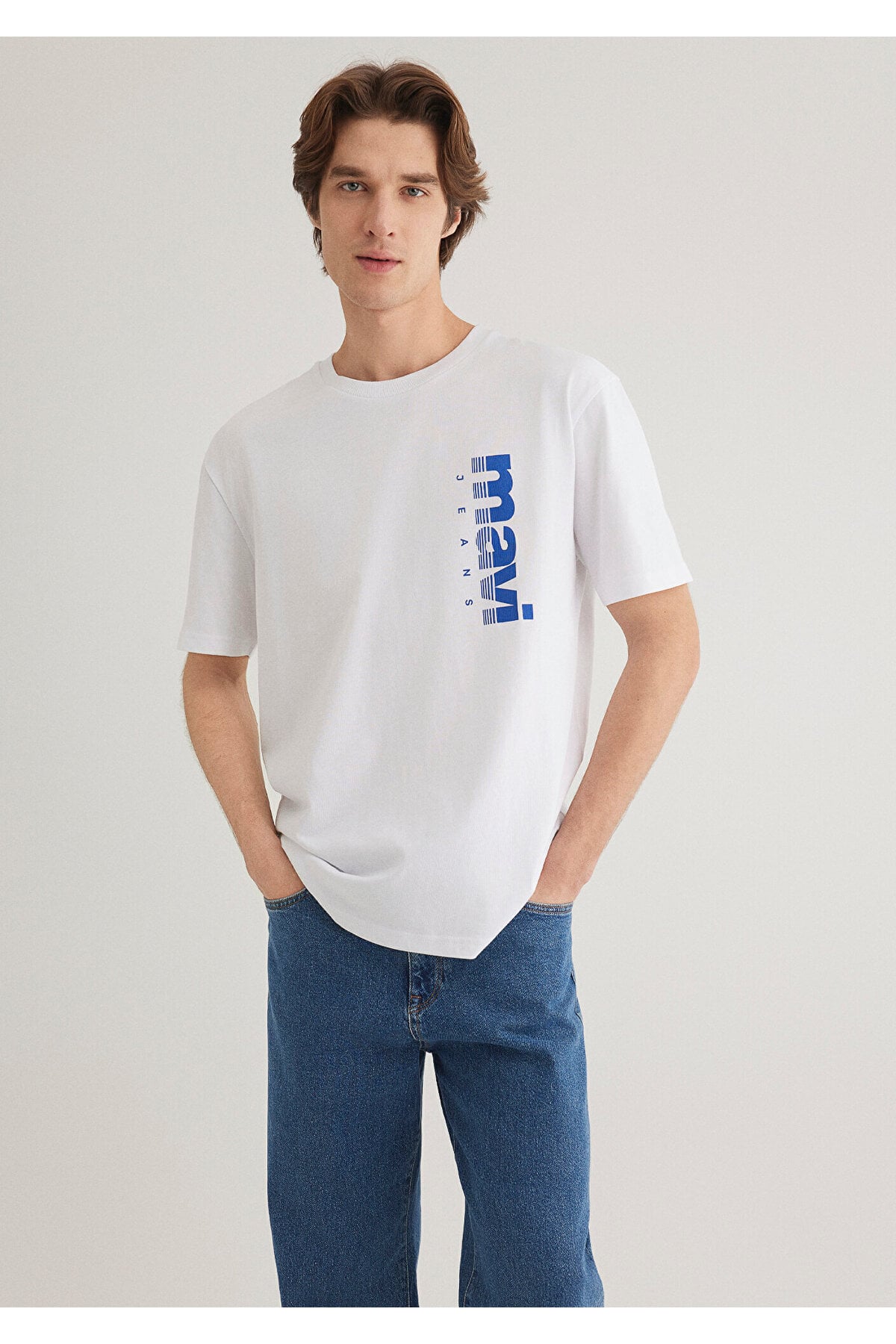 Jeans Baskılı Beyaz Tişört Loose Fit / Bol Rahat Kesim 0611745-620
