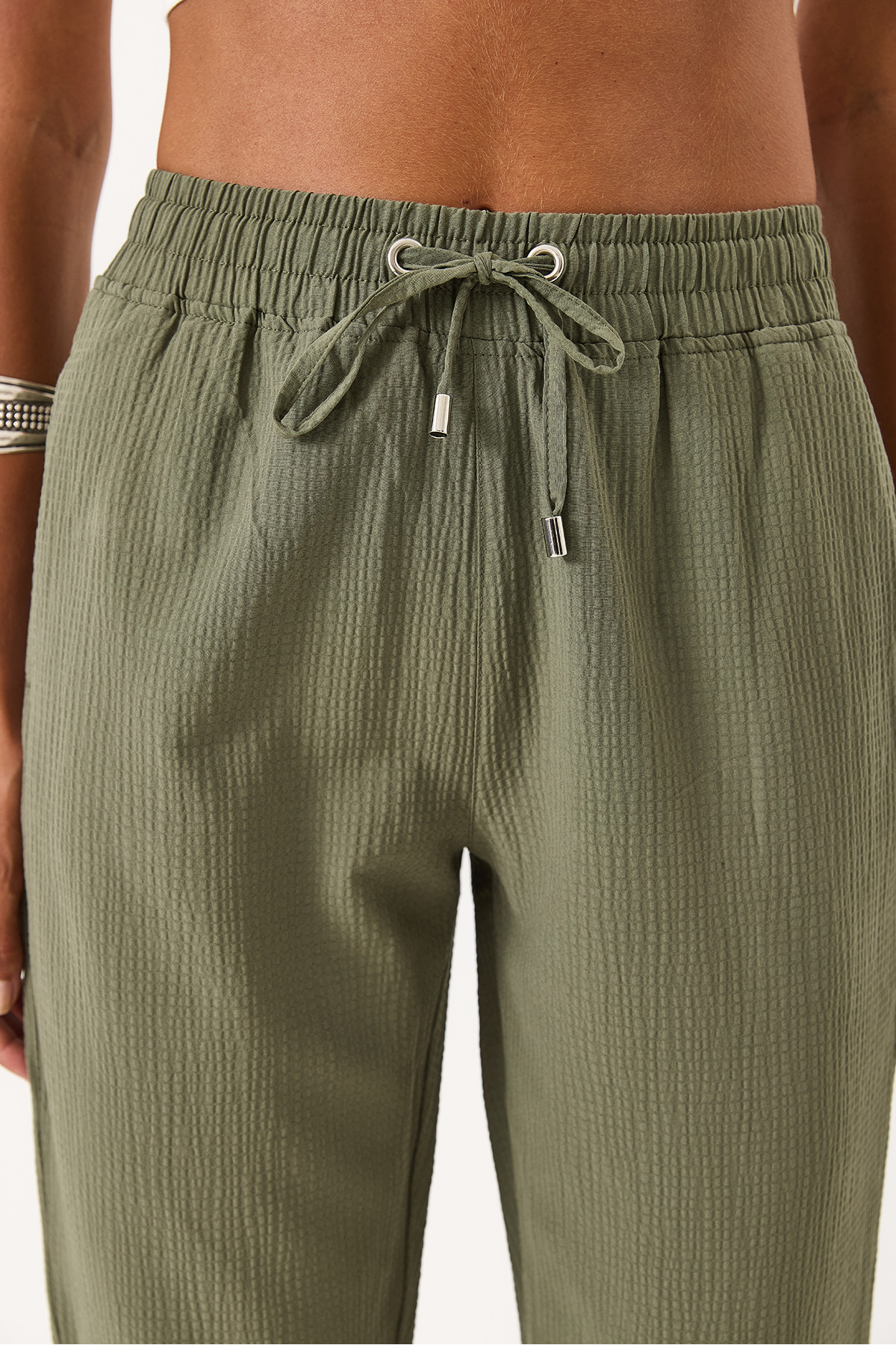 Kadın Alian Beli Lastikli Armürlü Beach Pantolon - Haki