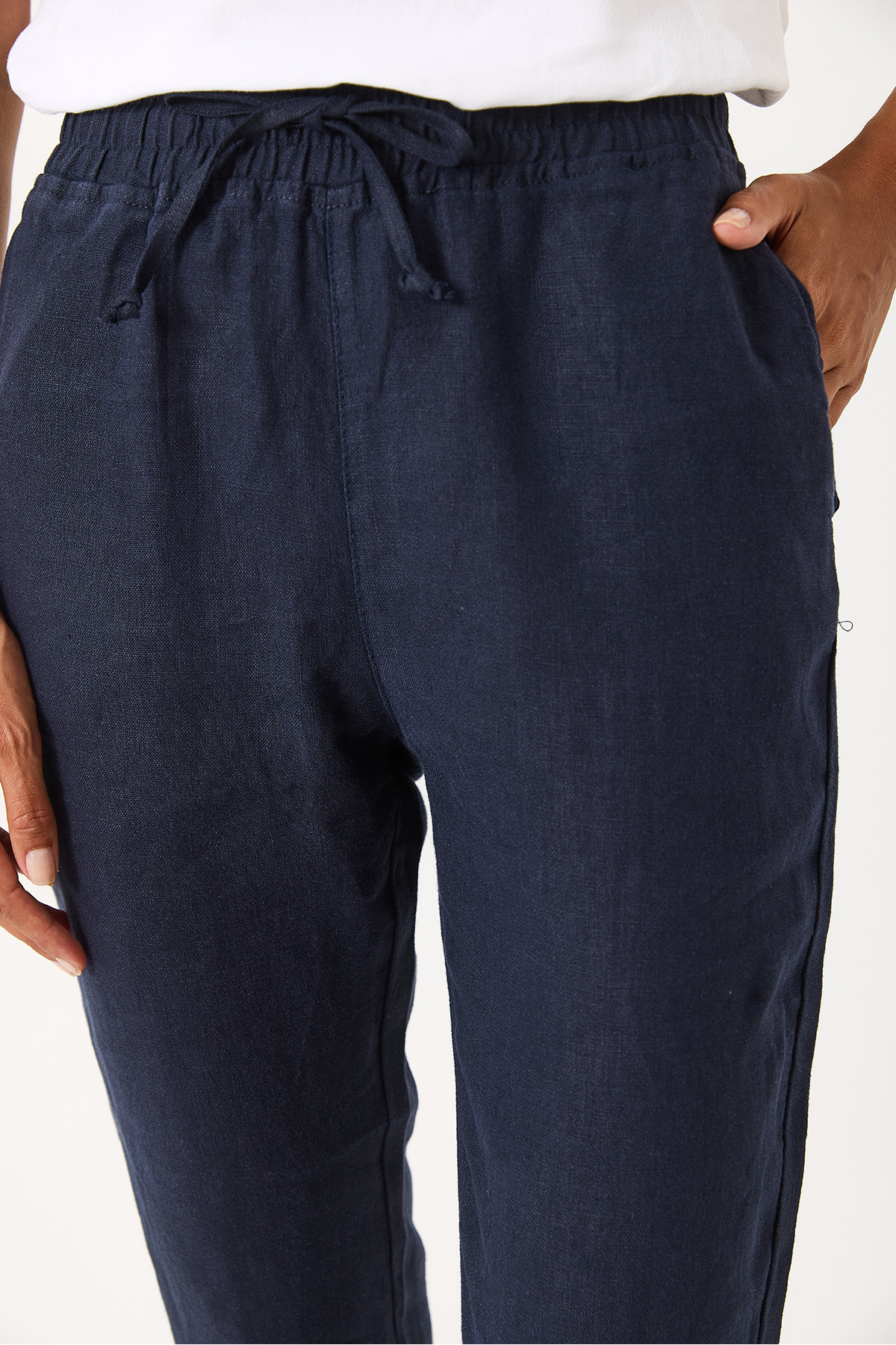 Kadın Alian Beli Lastikli Beach Pantolon %100 Keten - Lacivert