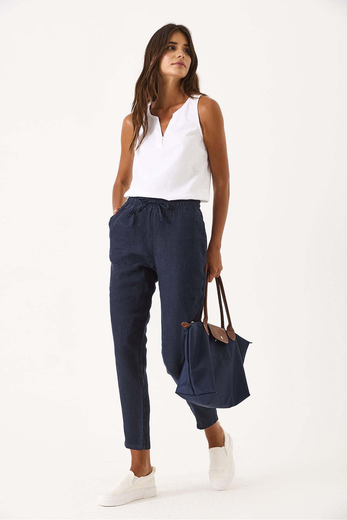 Kadın Alian Beli Lastikli Beach Pantolon %100 Keten - Lacivert