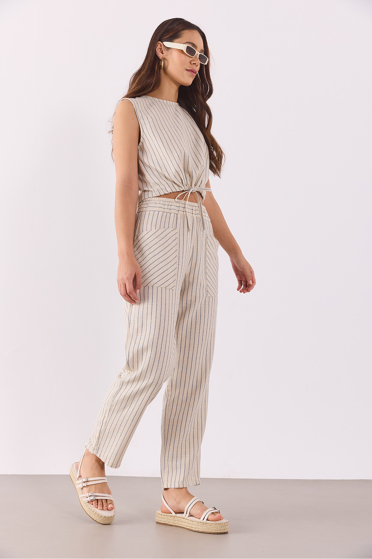 Kadın Beli Lastikli Çizgili Baggy Pantolon(TENCEL)(TM) - LACİVERT ÇİZGİLİ