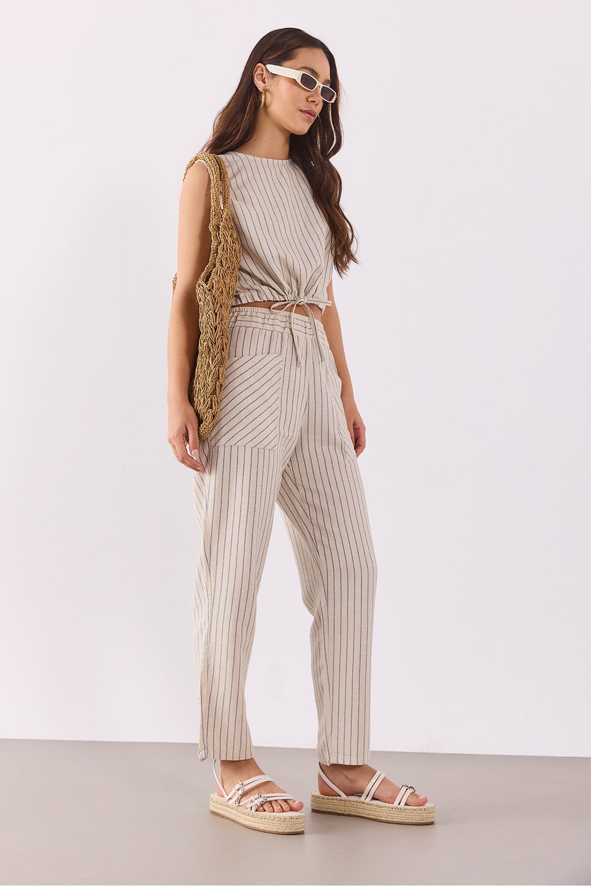 Kadın Beli Lastikli Çizgili Baggy Pantolon(TENCEL)(TM) - LACİVERT ÇİZGİLİ