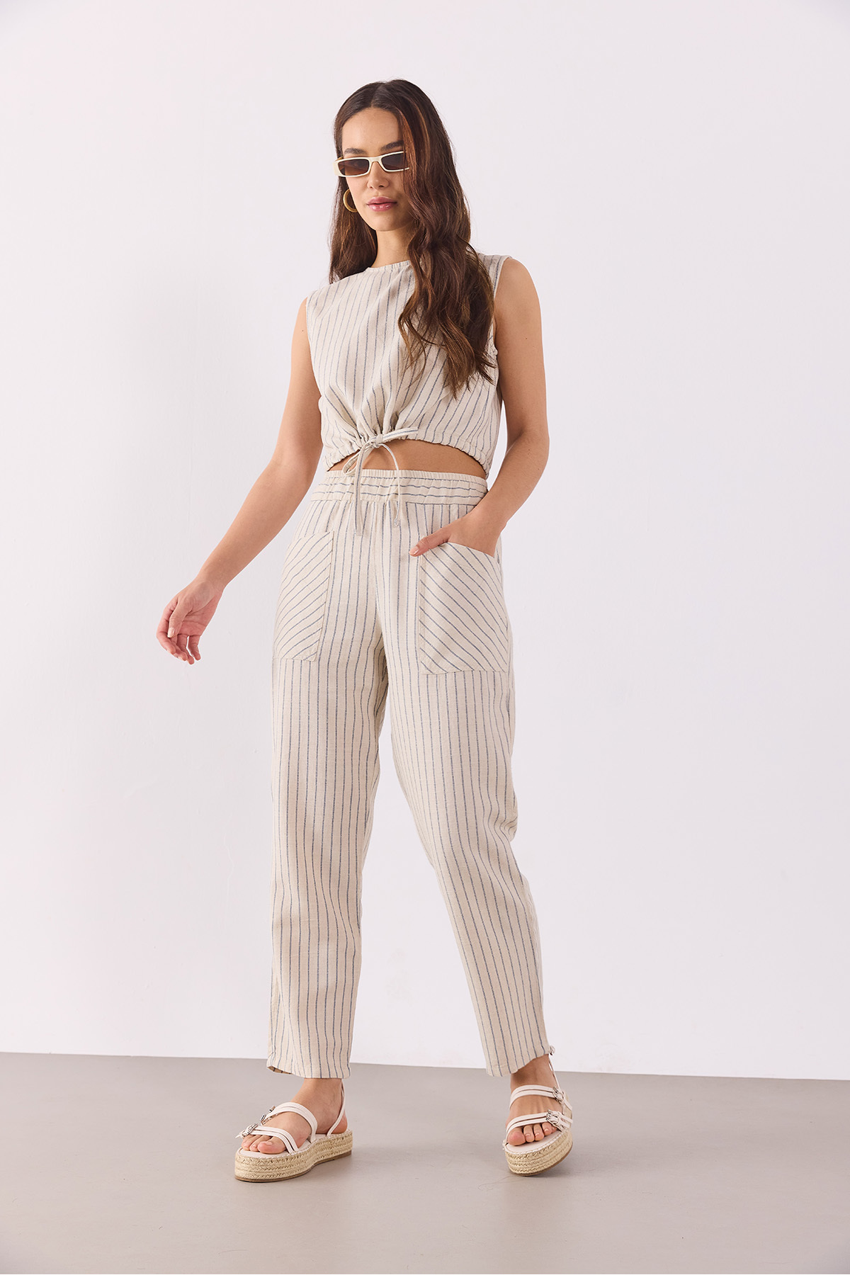 Kadın Beli Lastikli Çizgili Baggy Pantolon(TENCEL)(TM) - LACİVERT ÇİZGİLİ