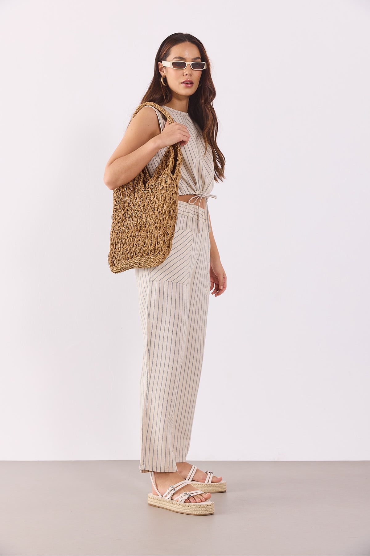 Kadın Beli Lastikli Çizgili Baggy Pantolon(TENCEL)(TM) - LACİVERT ÇİZGİLİ