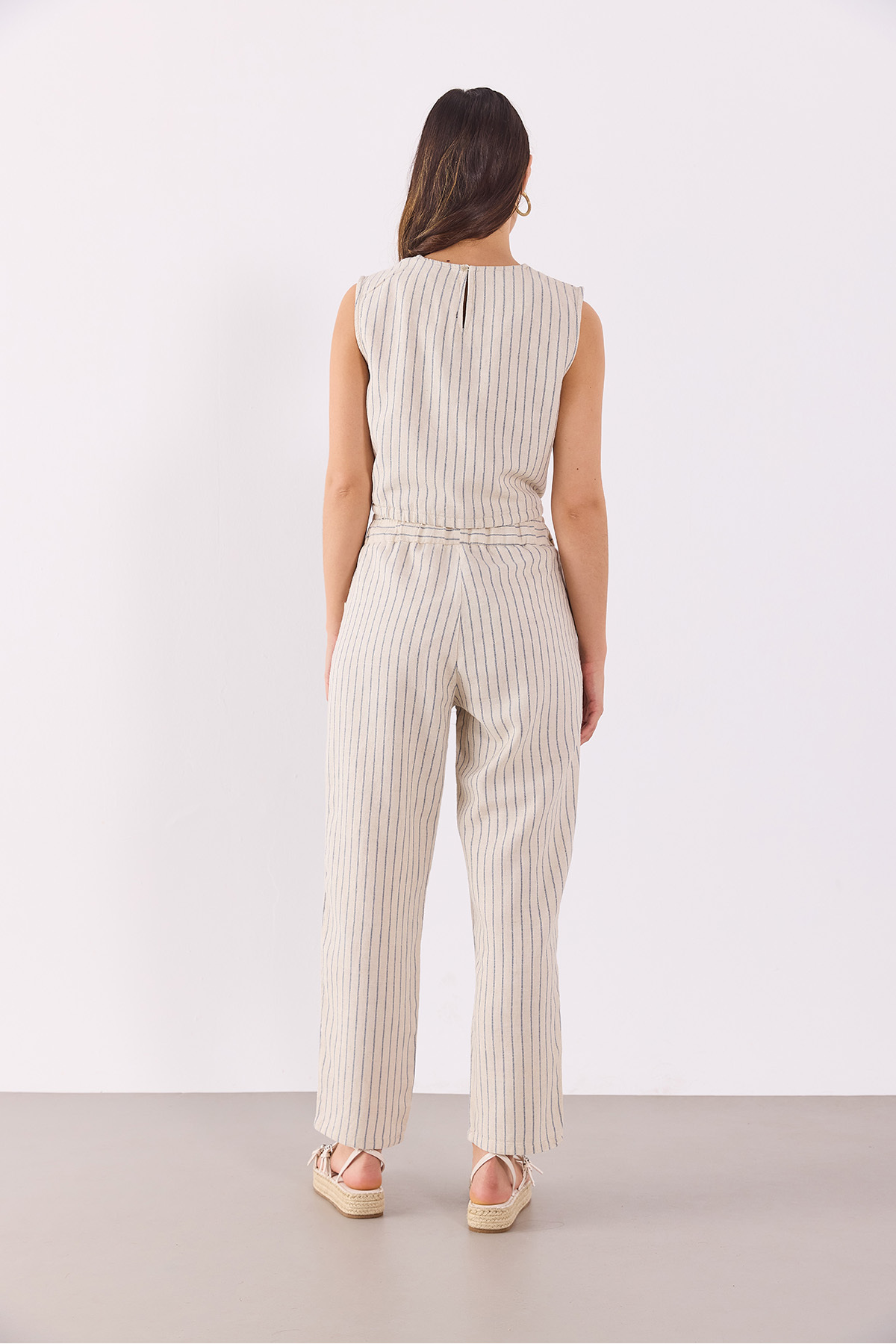 Kadın Beli Lastikli Çizgili Baggy Pantolon(TENCEL)(TM) - LACİVERT ÇİZGİLİ