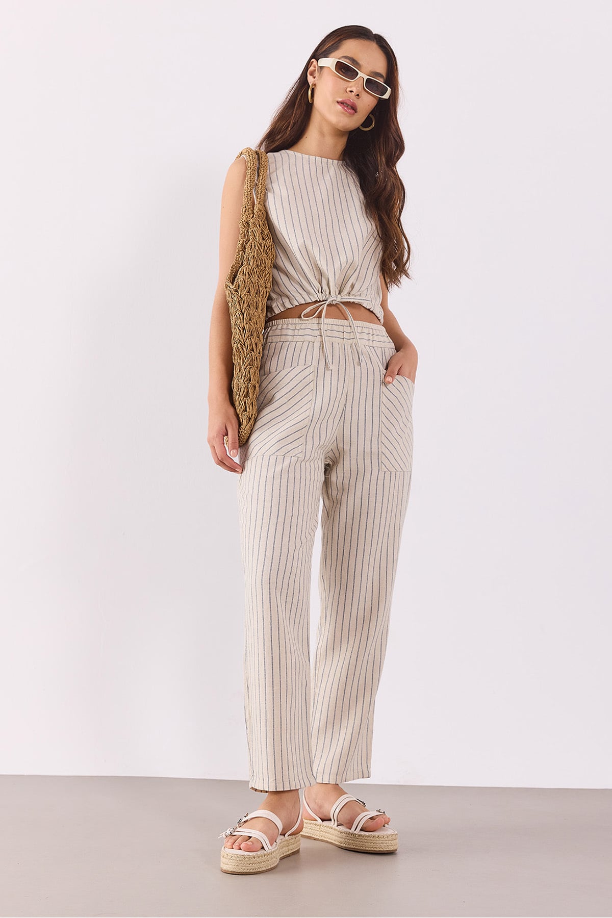 Kadın Beli Lastikli Çizgili Baggy Pantolon(TENCEL)(TM) - LACİVERT ÇİZGİLİ