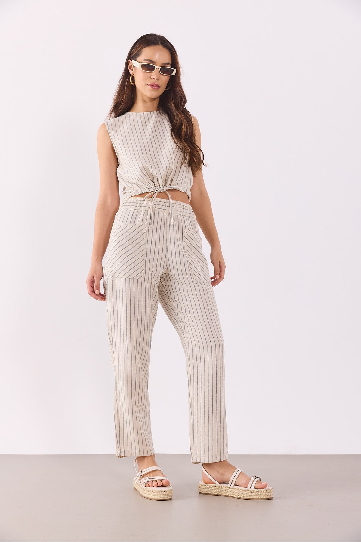 Kadın Beli Lastikli Çizgili Baggy Pantolon(TENCEL)(TM) - LACİVERT ÇİZGİLİ