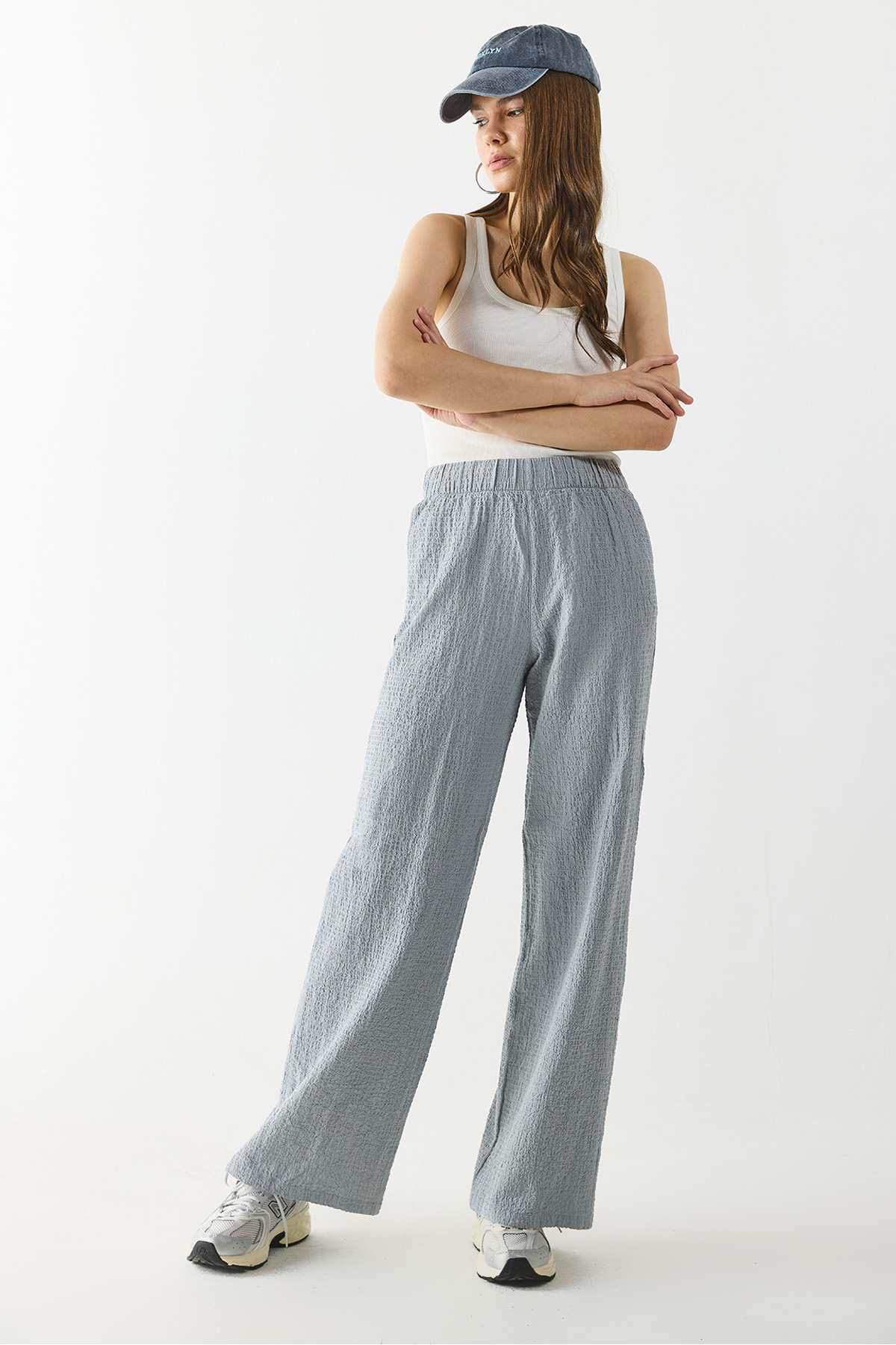 Kadın Beli Lastikli Pamuklu Krinkle Pantolon - Gri