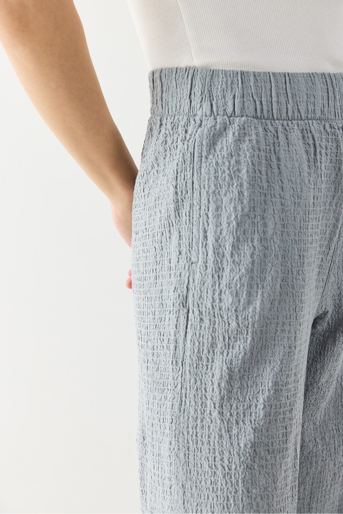 Kadın Beli Lastikli Pamuklu Krinkle Pantolon - Gri