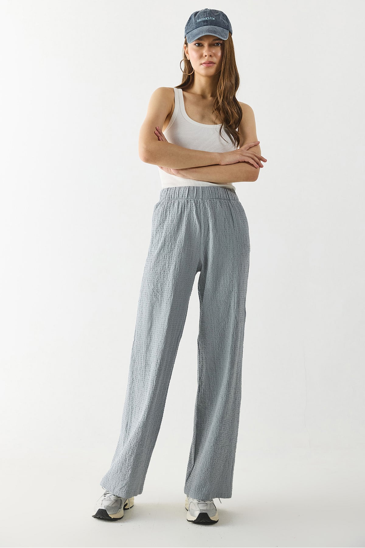Kadın Beli Lastikli Pamuklu Krinkle Pantolon - Gri