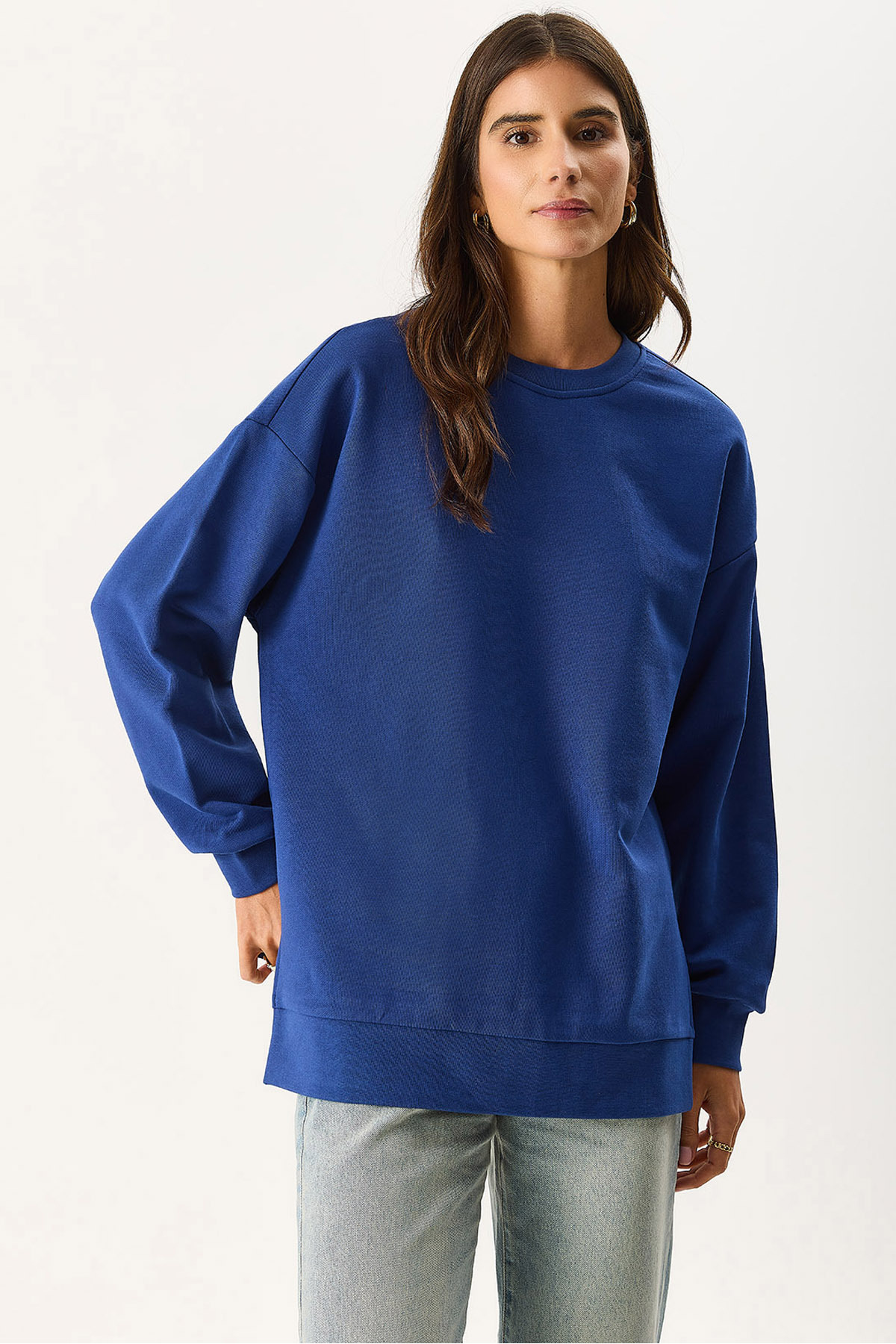 Kadın Bisiklet Yaka Yanı Yırtmaçlı Regular Fit 3 İplik Sweatshirt %100 Pamuk - Navy