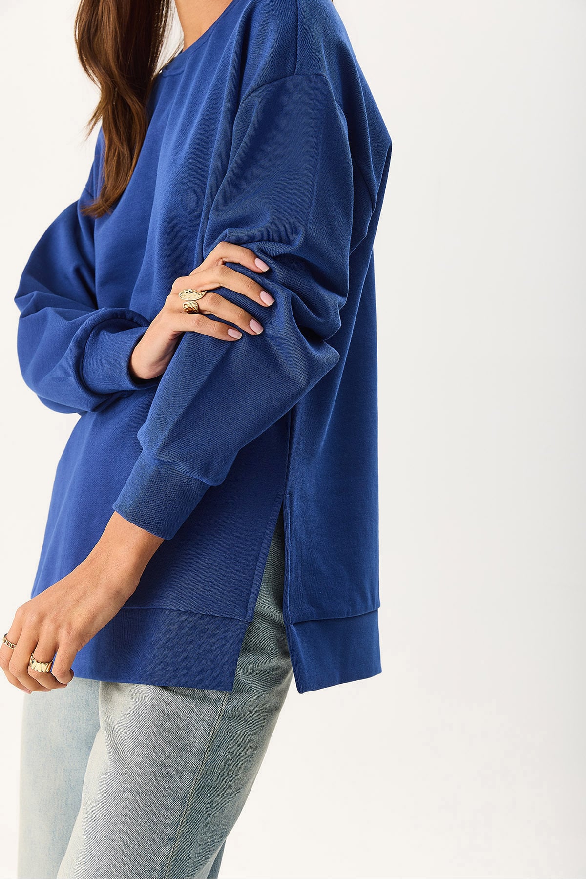 Kadın Bisiklet Yaka Yanı Yırtmaçlı Regular Fit 3 İplik Sweatshirt %100 Pamuk - Navy