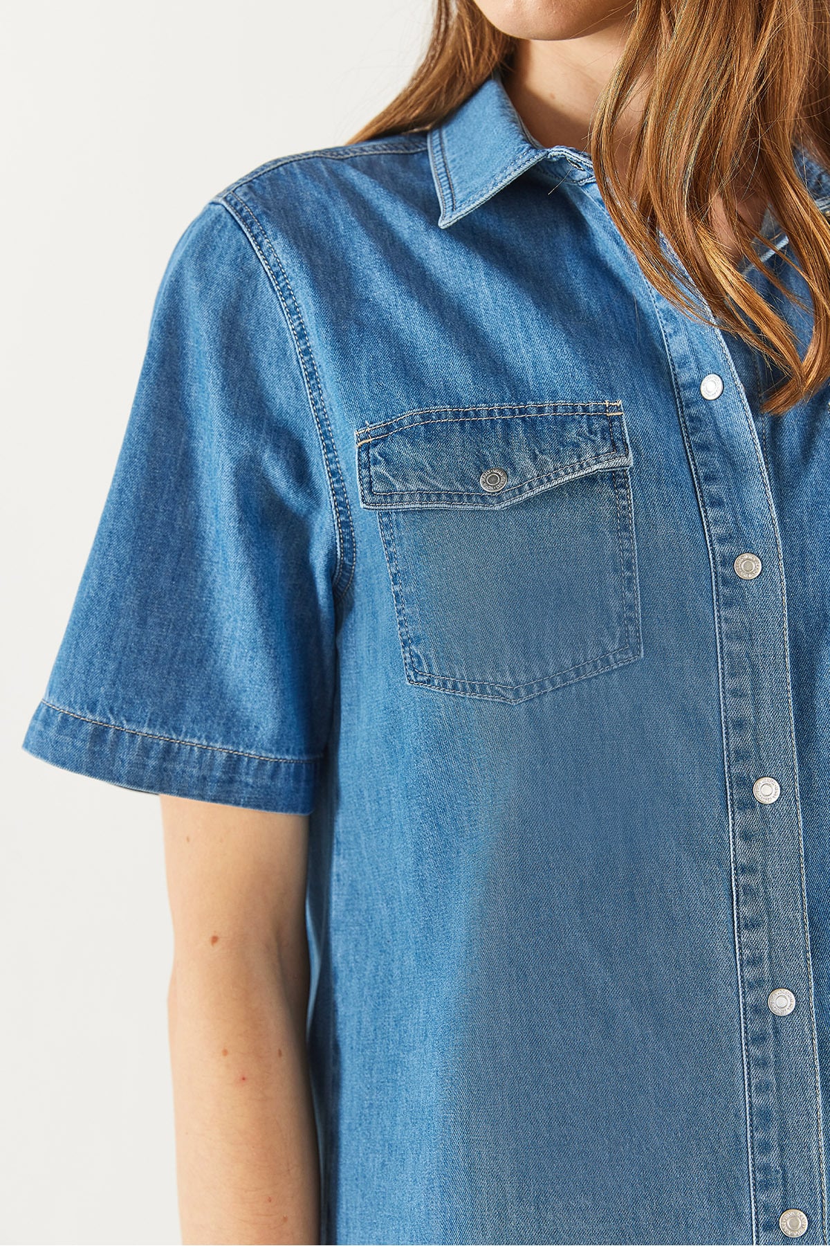 Kadın Kısa Kollu Med Blue Jean Gömlek Elbise %100 Pamuk - Med Blue