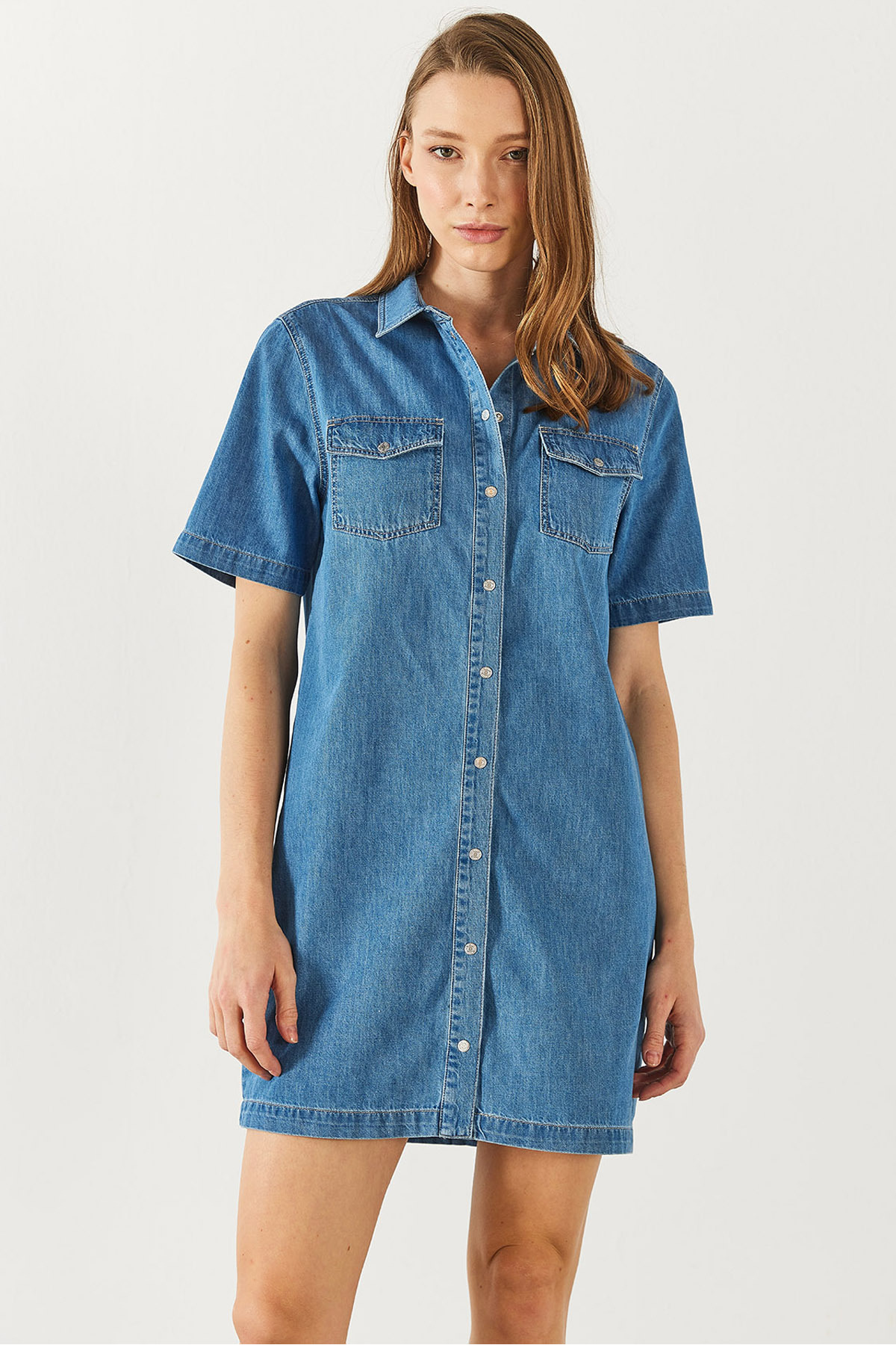 Kadın Kısa Kollu Med Blue Jean Gömlek Elbise %100 Pamuk - Med Blue