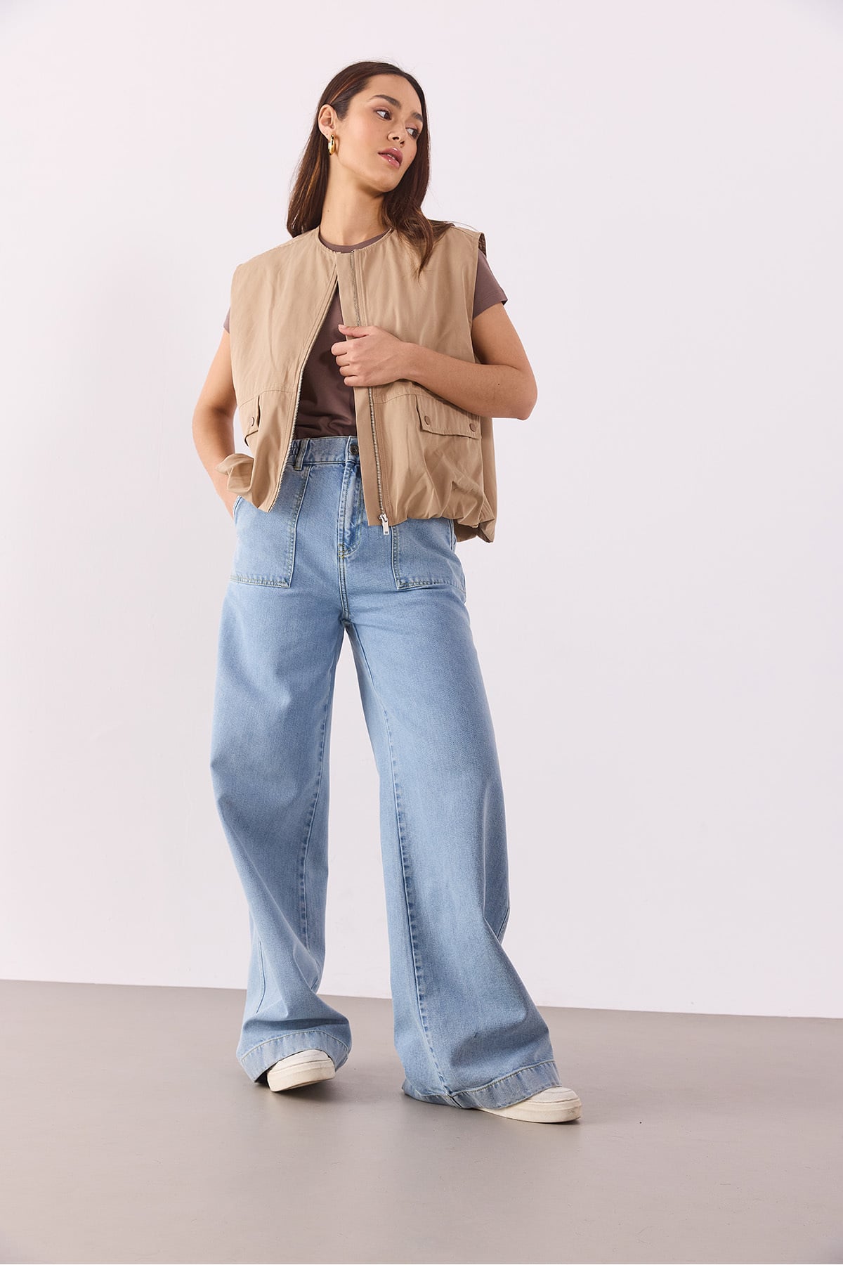 Kadın Leila Beli Lastikli Wide Leg Lyocell Sky Blue Jean Pantolon - Sky Blue