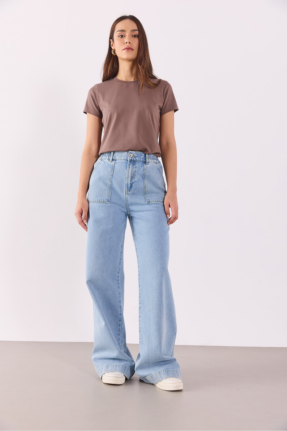 Kadın Leila Beli Lastikli Wide Leg Lyocell Sky Blue Jean Pantolon - Sky Blue