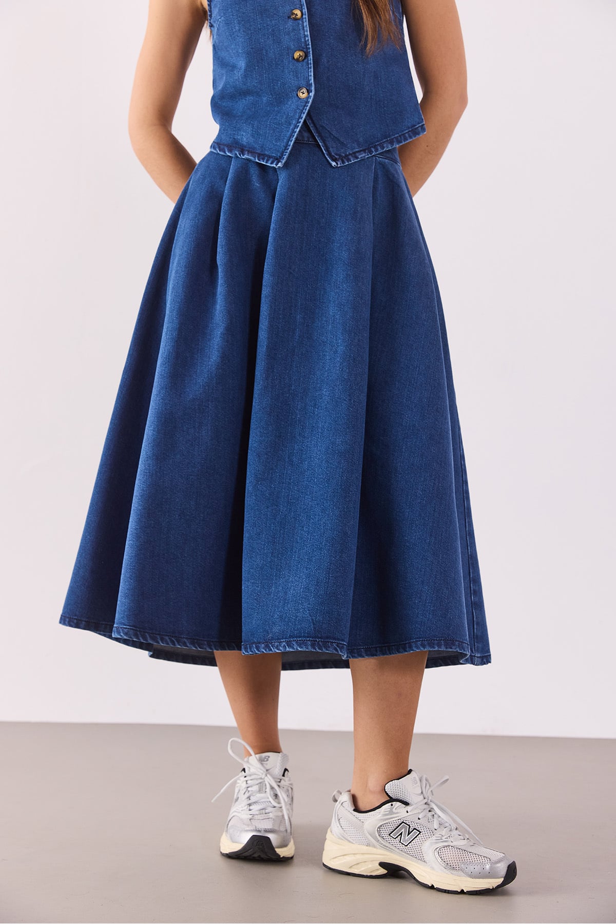 Kadın Pilili Kloş Lyocell Dark Blue Midi Boy Jean Etek - Dark Blue