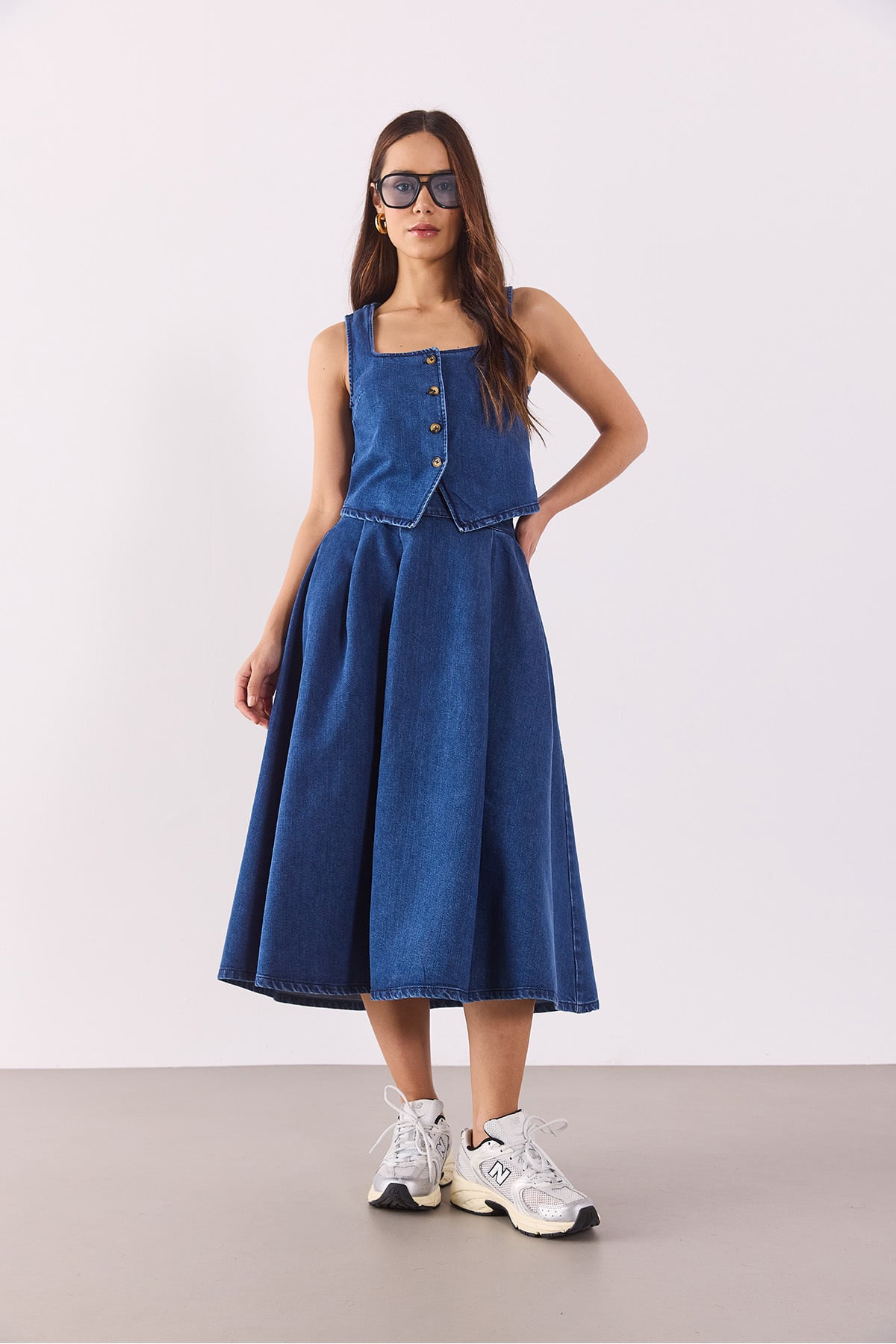 Kadın Pilili Kloş Lyocell Dark Blue Midi Boy Jean Etek - Dark Blue