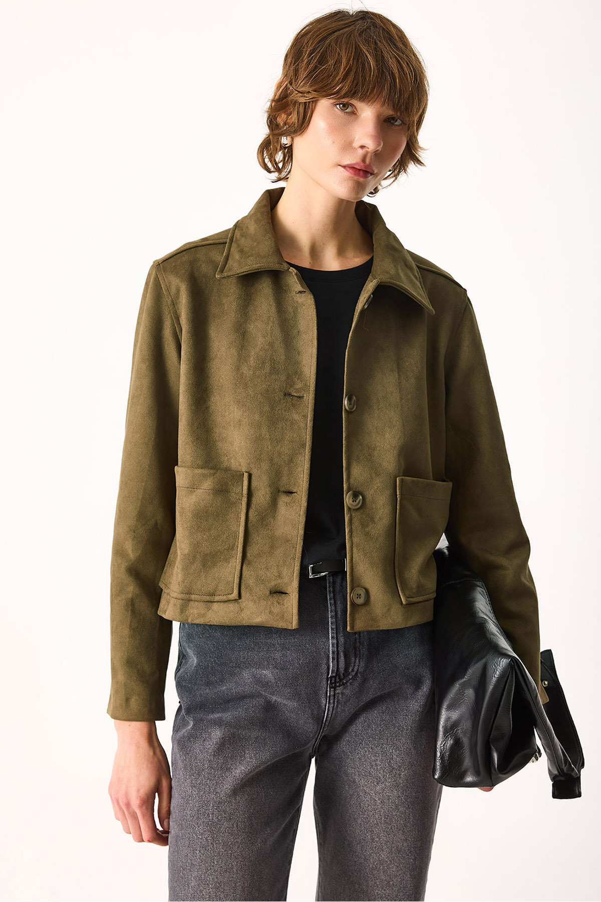 Kadın Regular Fit Süet Ceket-HAKİ