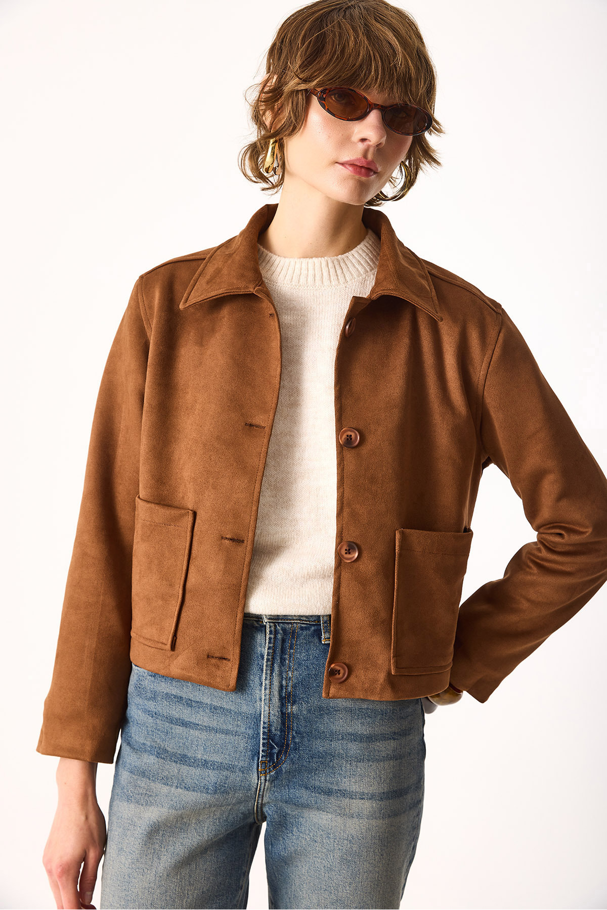 Kadın Regular Fit Süet Ceket-Taba