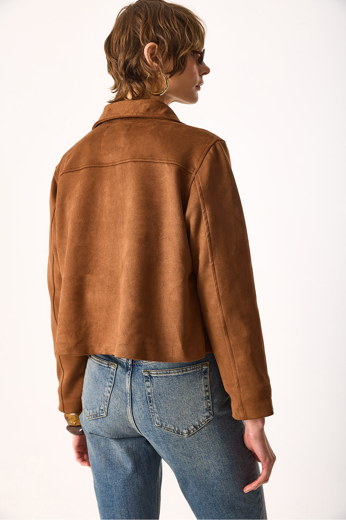 Kadın Regular Fit Süet Ceket-Taba