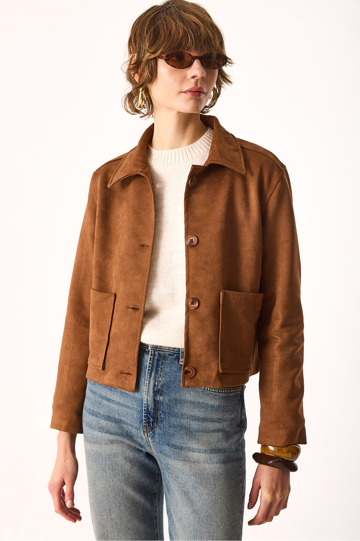 Kadın Regular Fit Süet Ceket-Taba