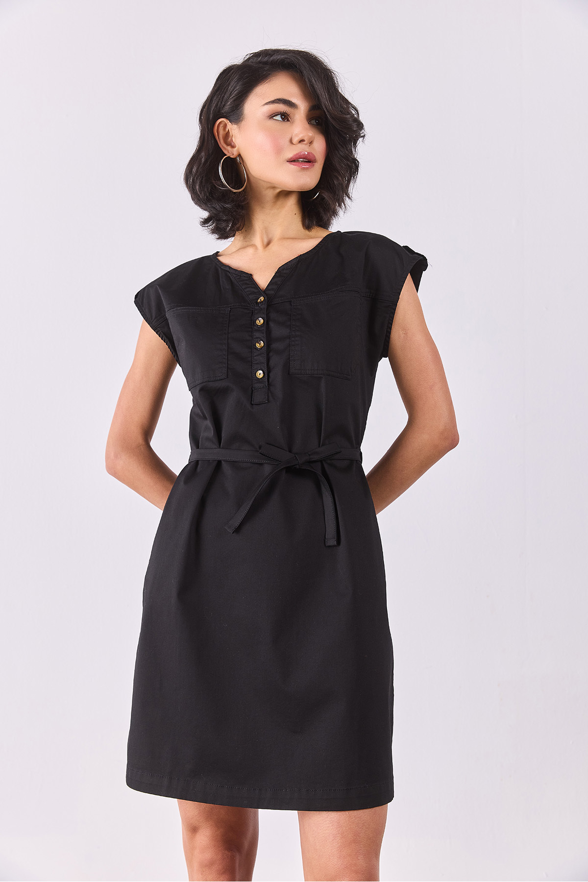 Kadın Riva Önü Düğmeli Regular Fit Gabardin Elbise - Siyah