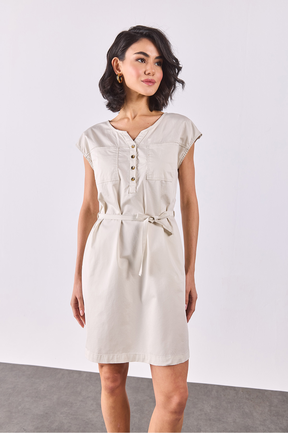 Kadın Riva Önü Düğmeli Regular Fit Gabardin Elbise - Kemik