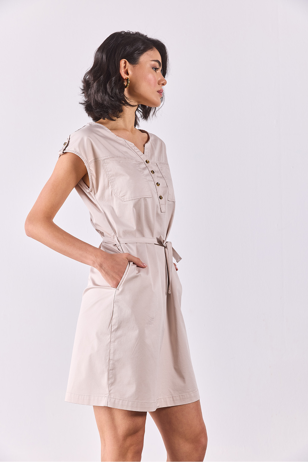 Kadın Riva Önü Düğmeli Regular Fit Gabardin Elbise - Taş