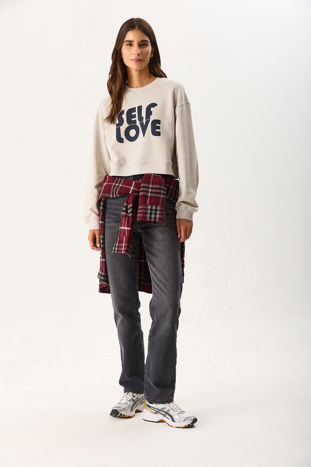 Kadın Self Love Baskı Detaylı Sweatshirt %100 Pamuk - Gri
