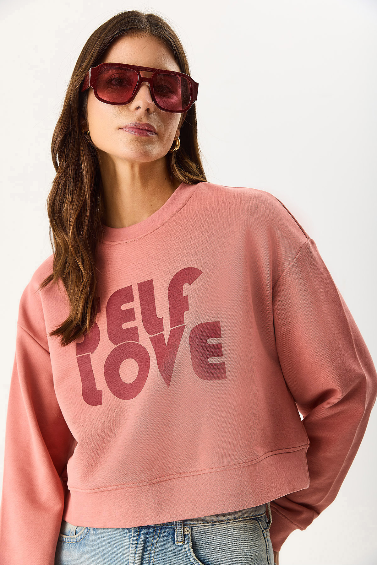 Kadın Self Love Baskı Detaylı Sweatshirt %100 Pamuk - Gülkurusu