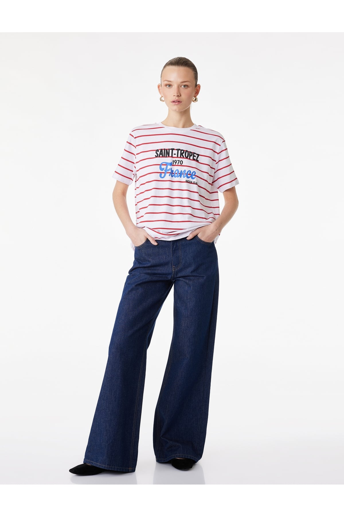 Kadın T-shirt 6SAK50097EK KIRMIZI ÇİZGİLİ