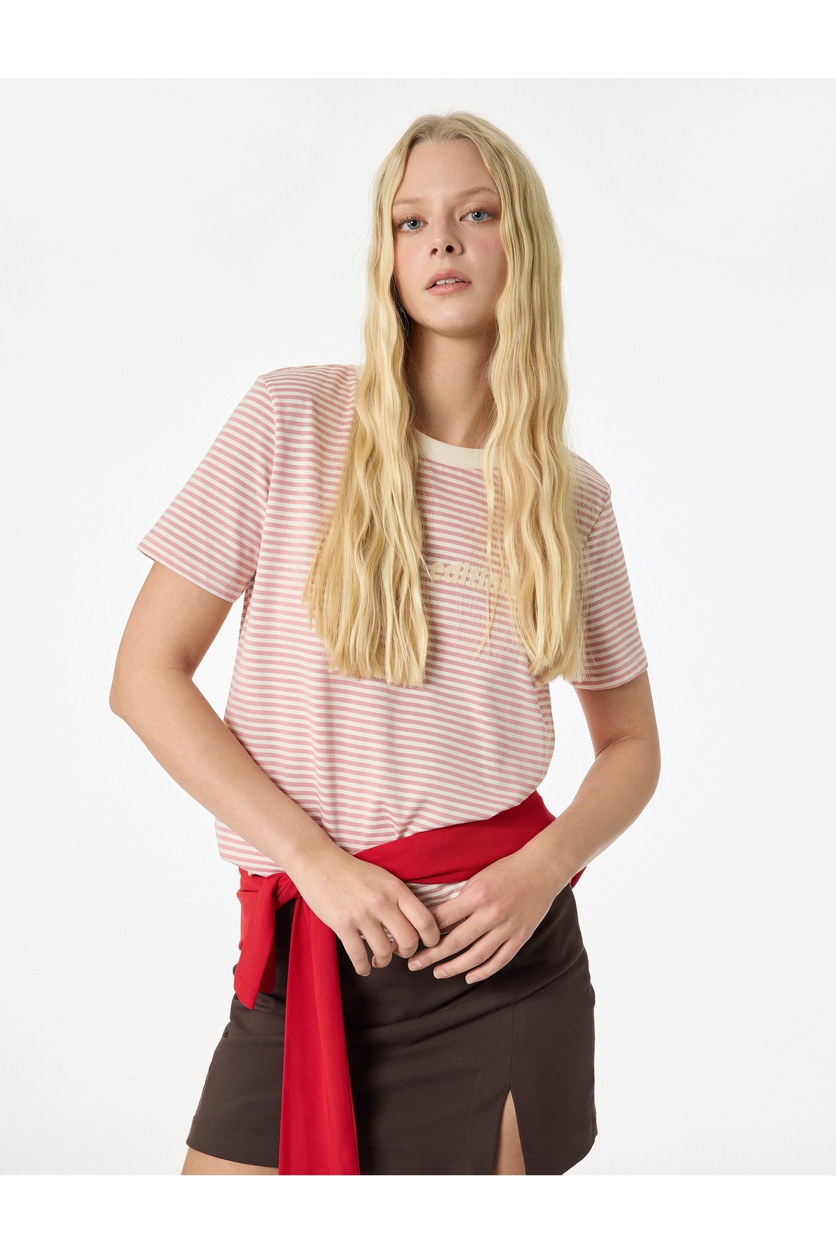 Kadın T-shirt 6SAL10048IK PEMBE ÇİZGİLİ