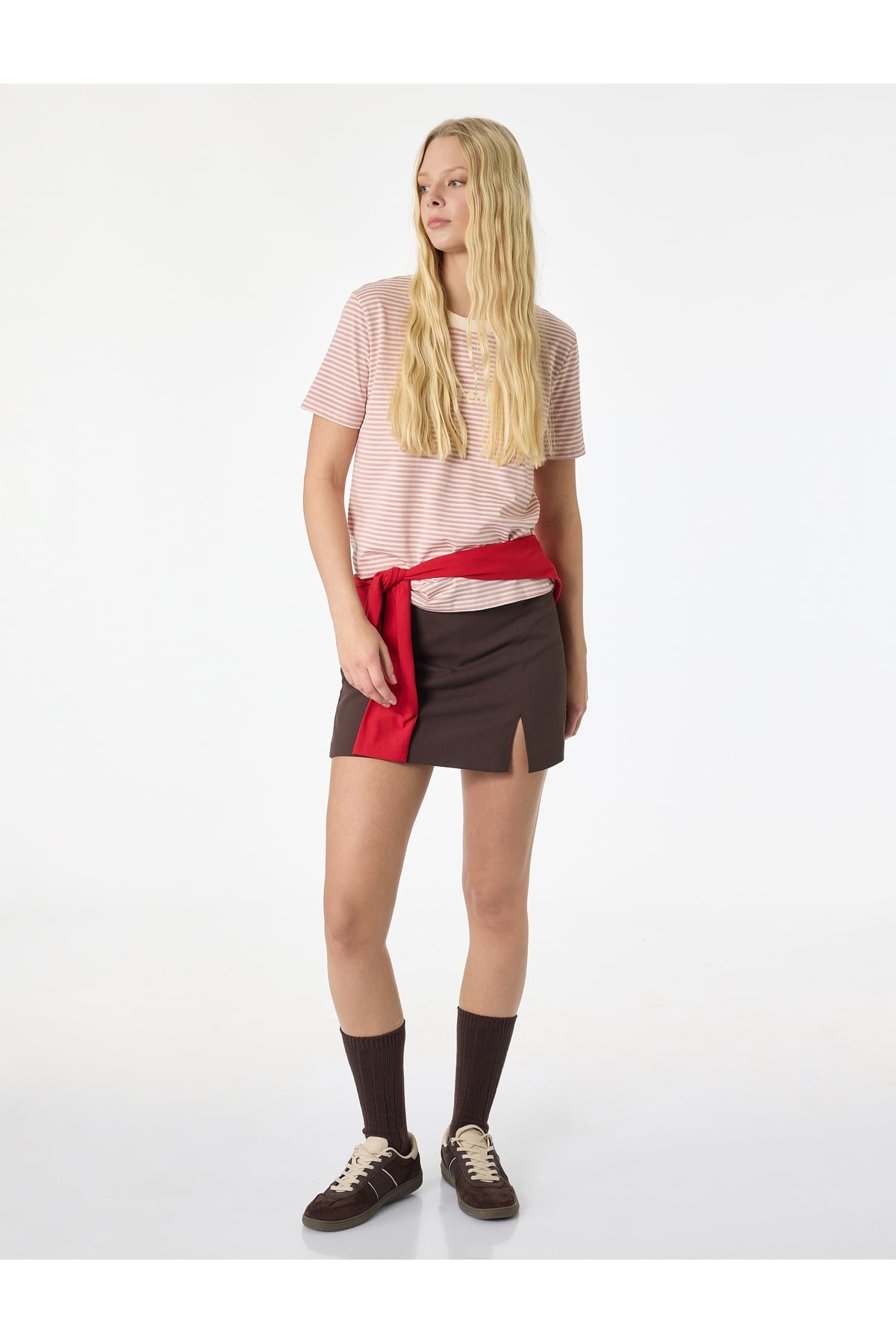 Kadın T-shirt 6SAL10048IK PEMBE ÇİZGİLİ