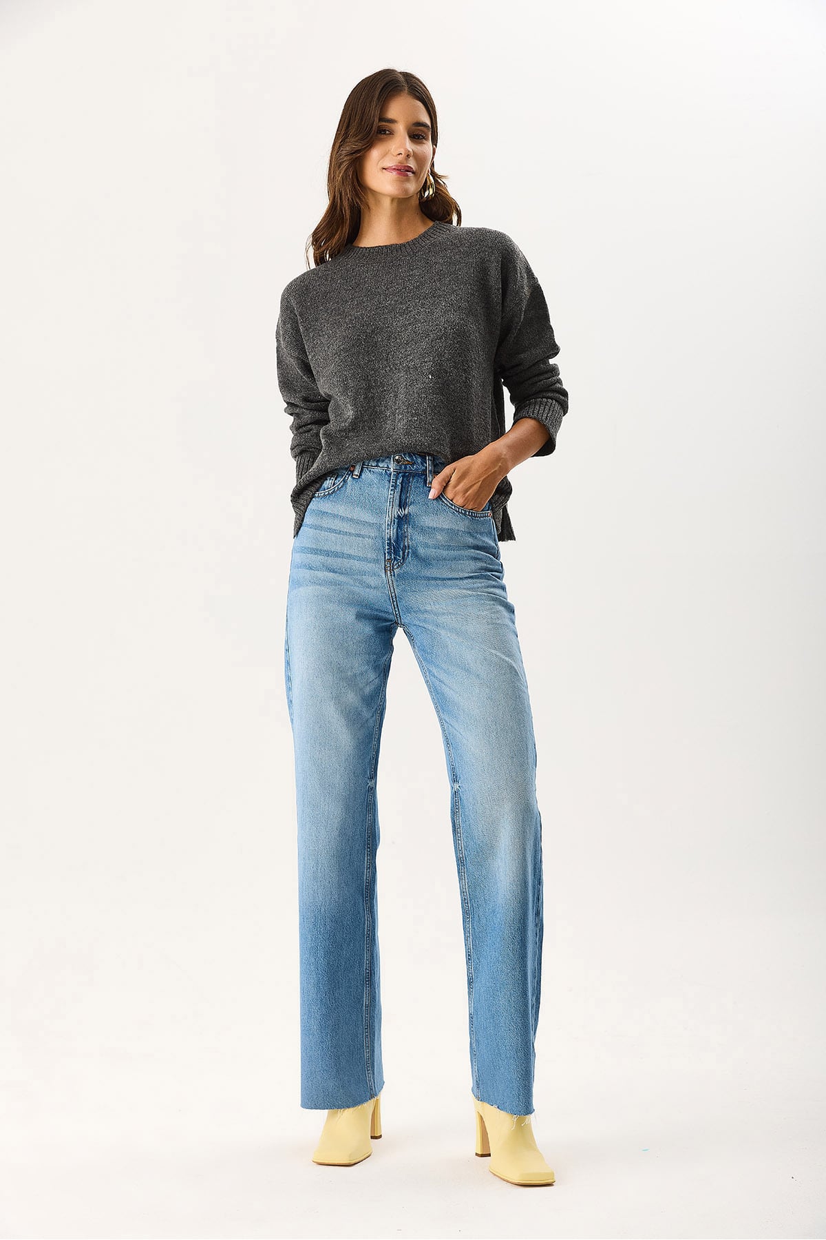 Kadın Wanda Ekstra Yüksek Bel Med Blue Wide Leg Jean Pantolon %100 Pamuk - Med Blue