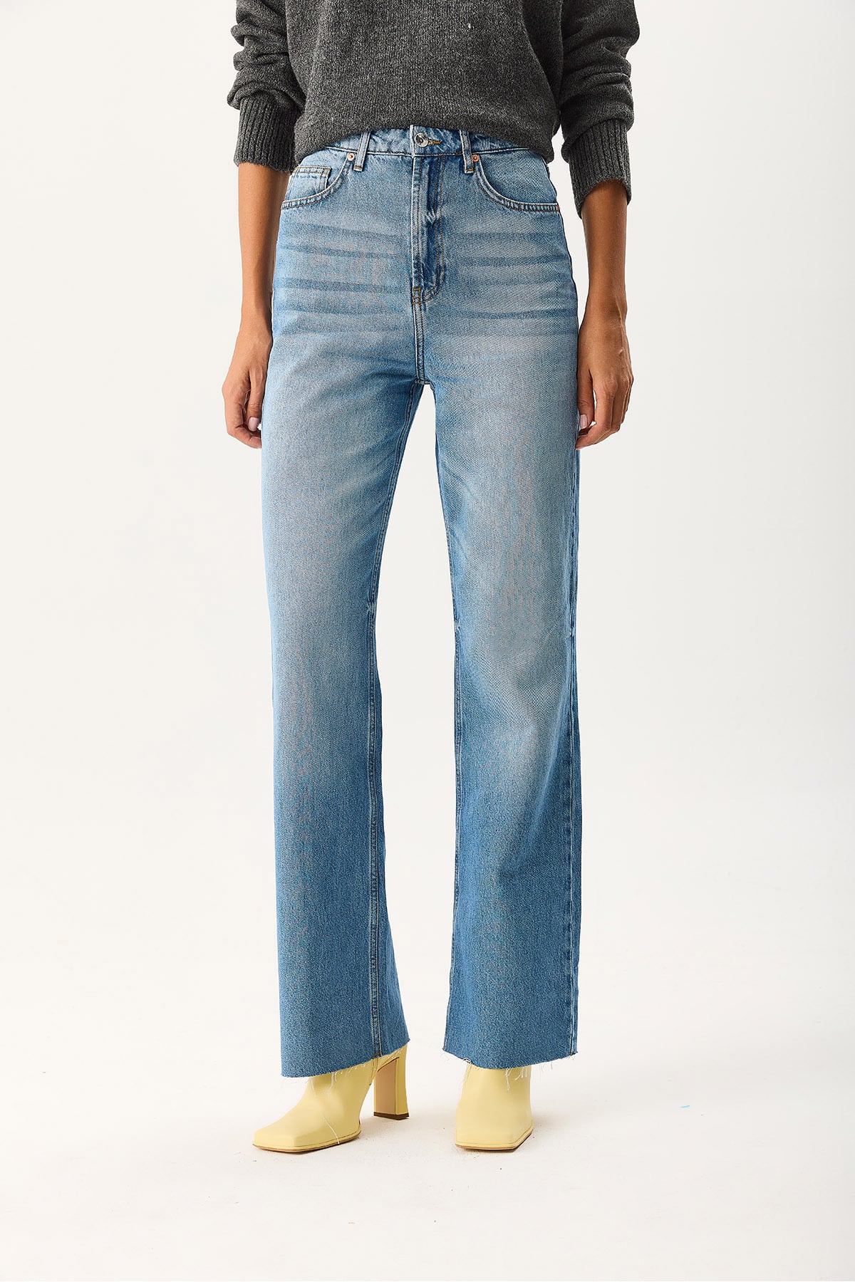 Kadın Wanda Ekstra Yüksek Bel Med Blue Wide Leg Jean Pantolon %100 Pamuk - Med Blue