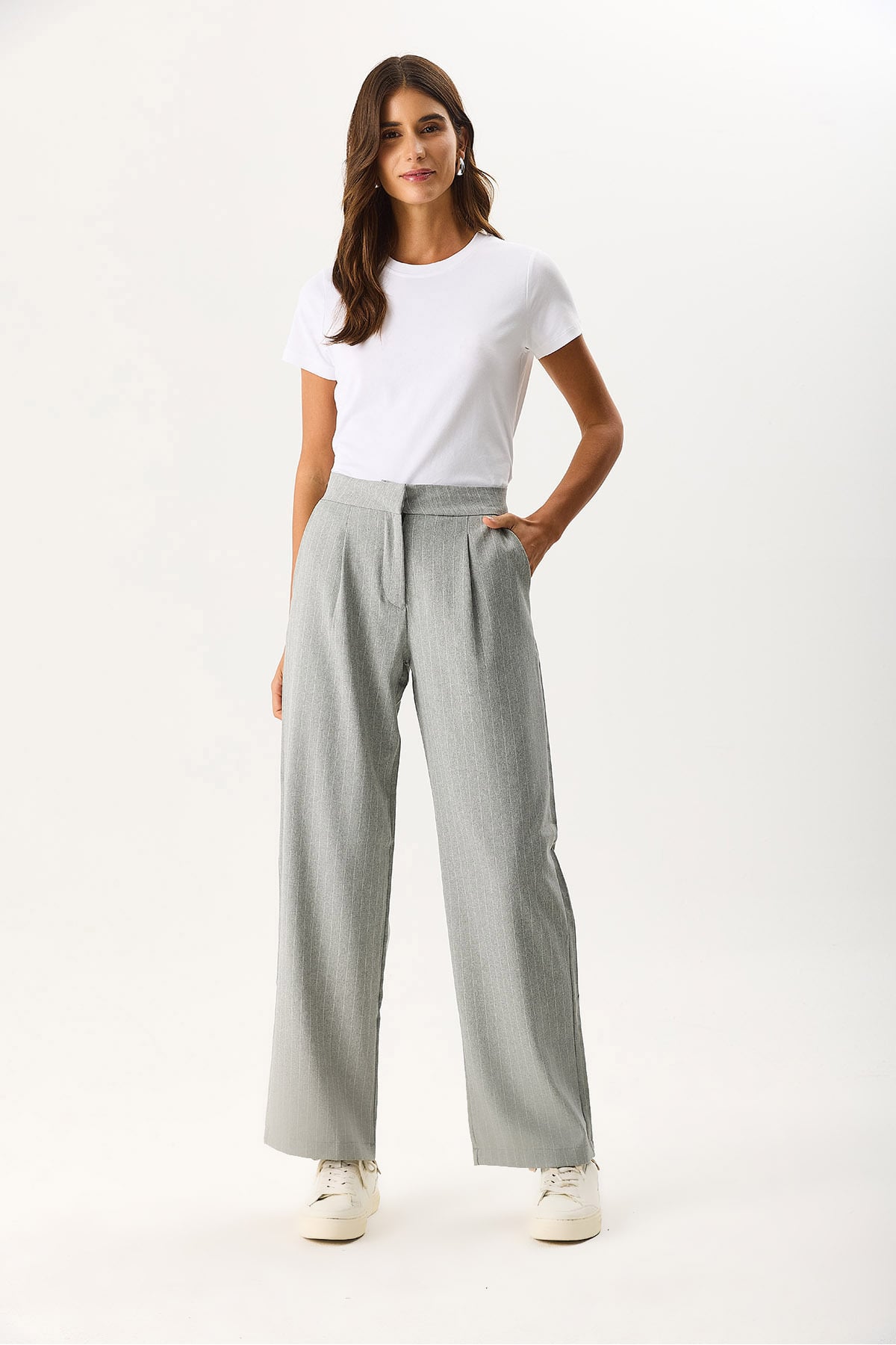 Kadın Wide Leg Gabardin Pantolon - Gri - Beyaz Çizgili