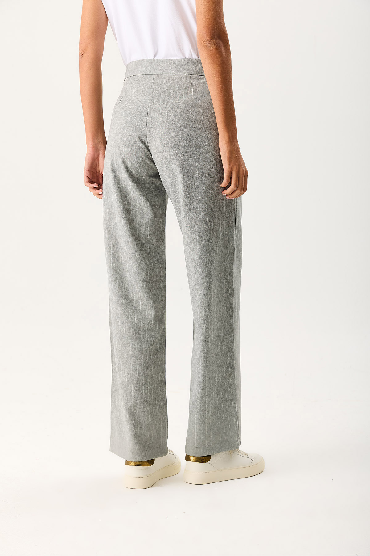Kadın Wide Leg Gabardin Pantolon - Gri - Beyaz Çizgili