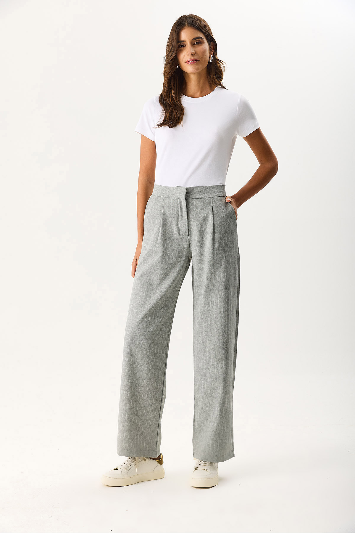 Kadın Wide Leg Gabardin Pantolon - Gri - Beyaz Çizgili