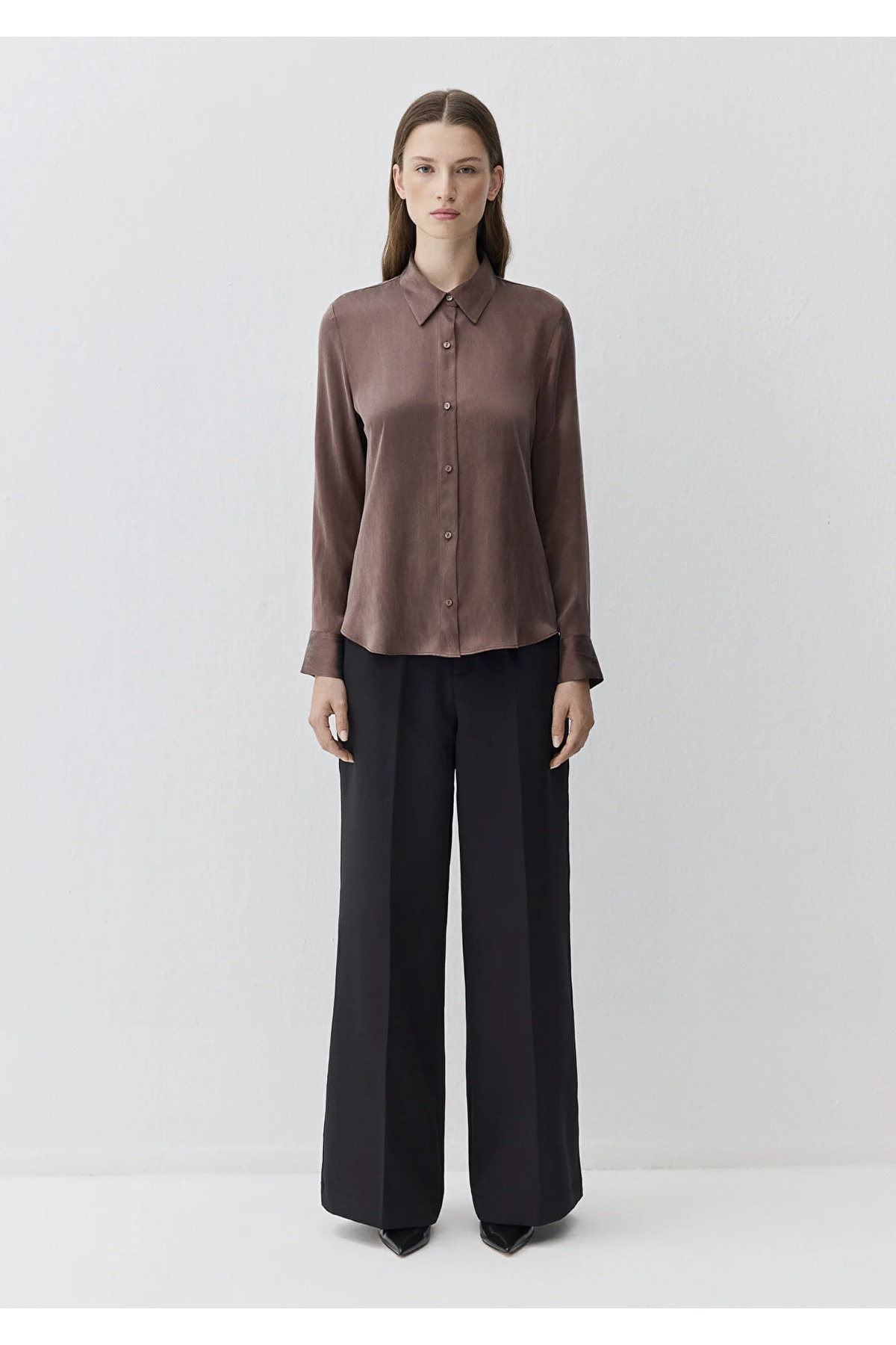 Kahverengi %100 İpek Gömlek Slim Fit / Dar Kesim 1211269-87537