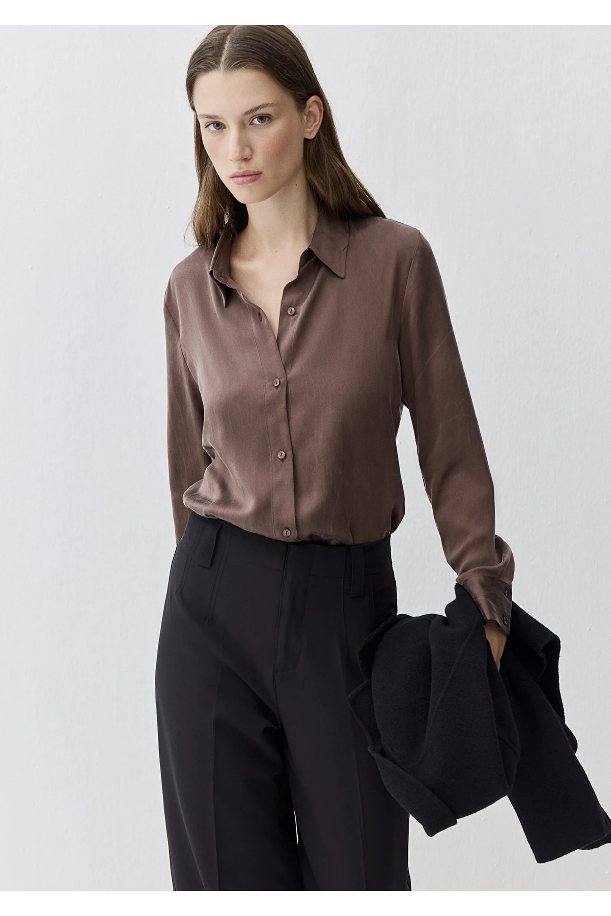 Kahverengi %100 İpek Gömlek Slim Fit / Dar Kesim 1211269-87537