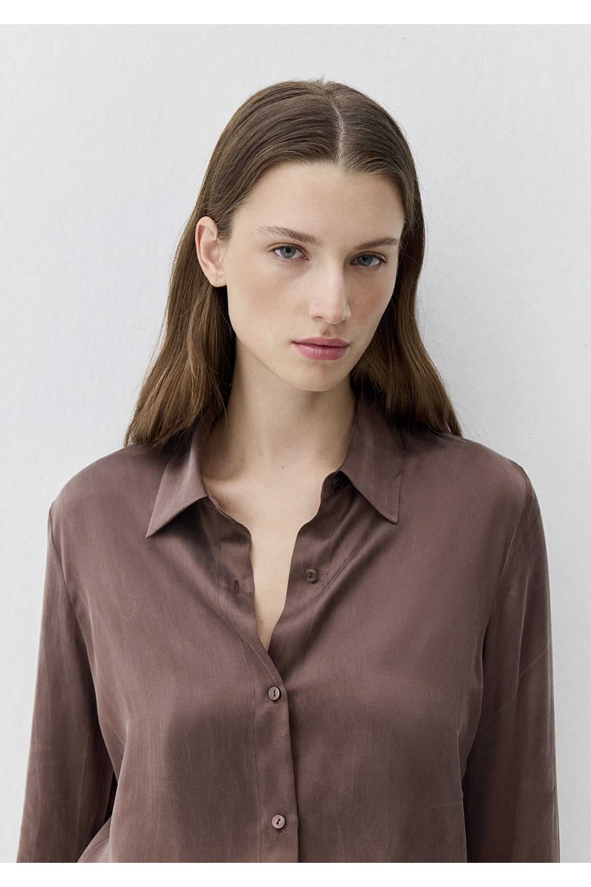 Kahverengi %100 İpek Gömlek Slim Fit / Dar Kesim 1211269-87537
