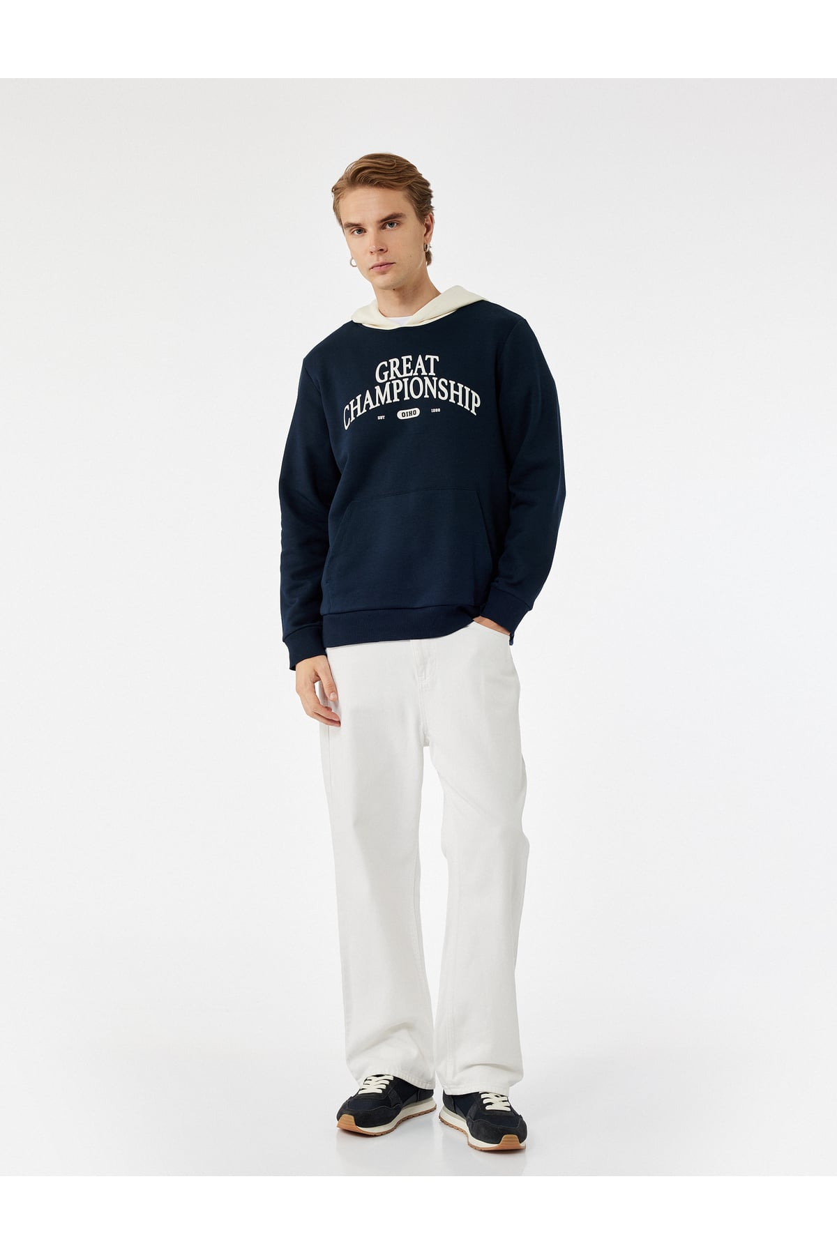 Kanguru Cepli Uzun Kollu Baskılı Şardonlu Renk Kontrastlı Kapşonlu Sweatshirt