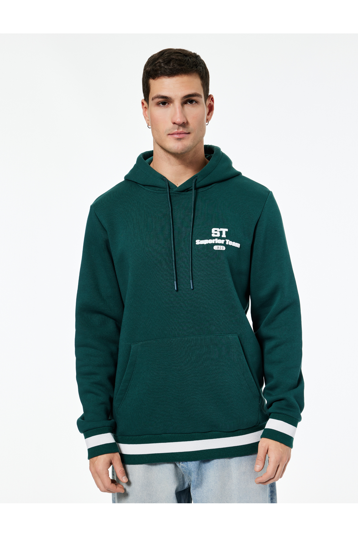 Kapşonlu Uzun Kollu Çizgili Kanguru Cepli Şardonlu Baskılı Sweatshirt