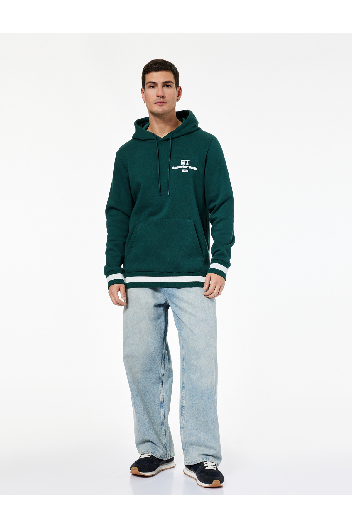 Kapşonlu Uzun Kollu Çizgili Kanguru Cepli Şardonlu Baskılı Sweatshirt