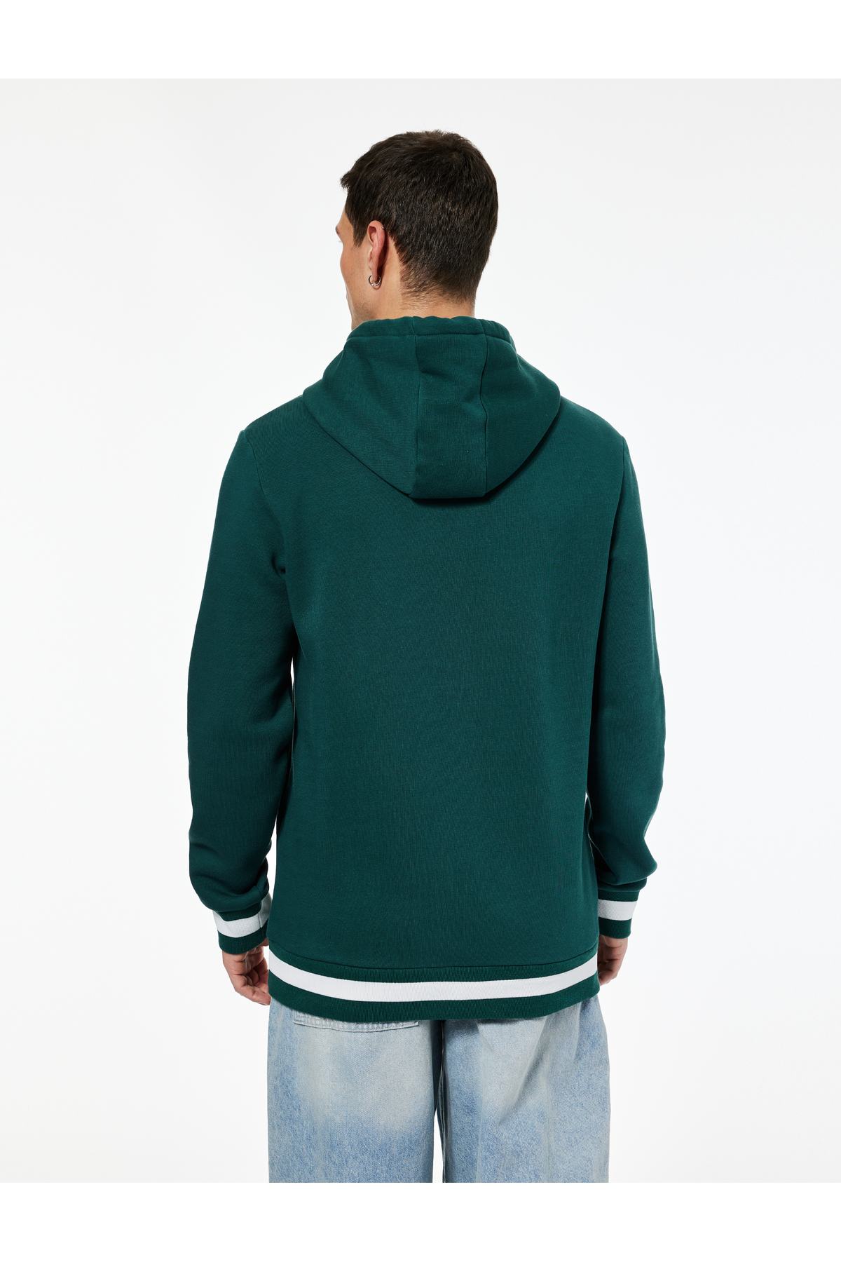 Kapşonlu Uzun Kollu Çizgili Kanguru Cepli Şardonlu Baskılı Sweatshirt