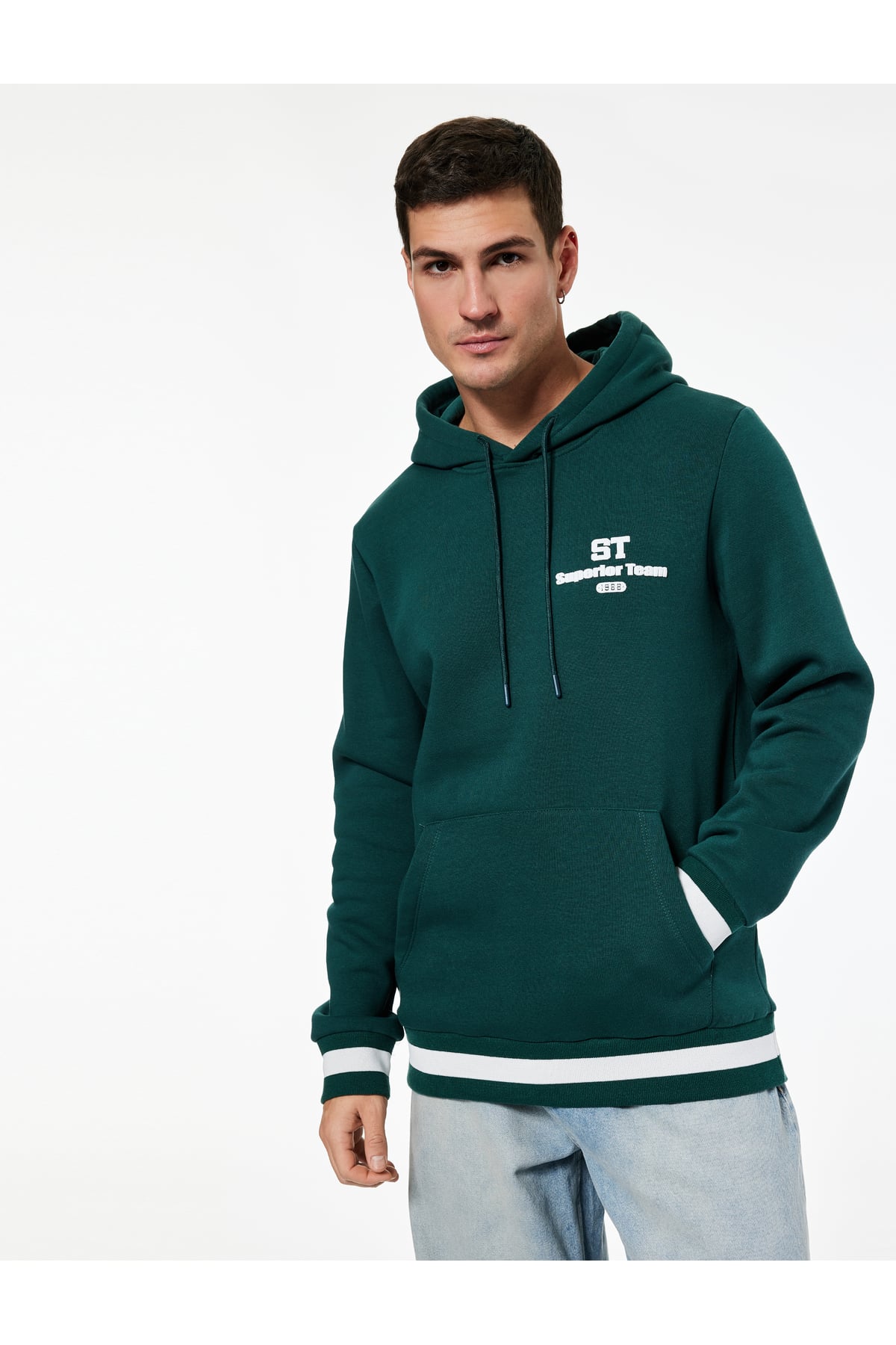 Kapşonlu Uzun Kollu Çizgili Kanguru Cepli Şardonlu Baskılı Sweatshirt